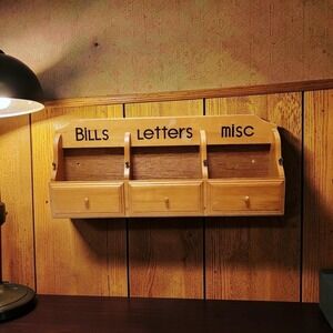 Vintage Wood Wall Mail Organizer Bills Letters Misc 3 Slot Hanging Holder
